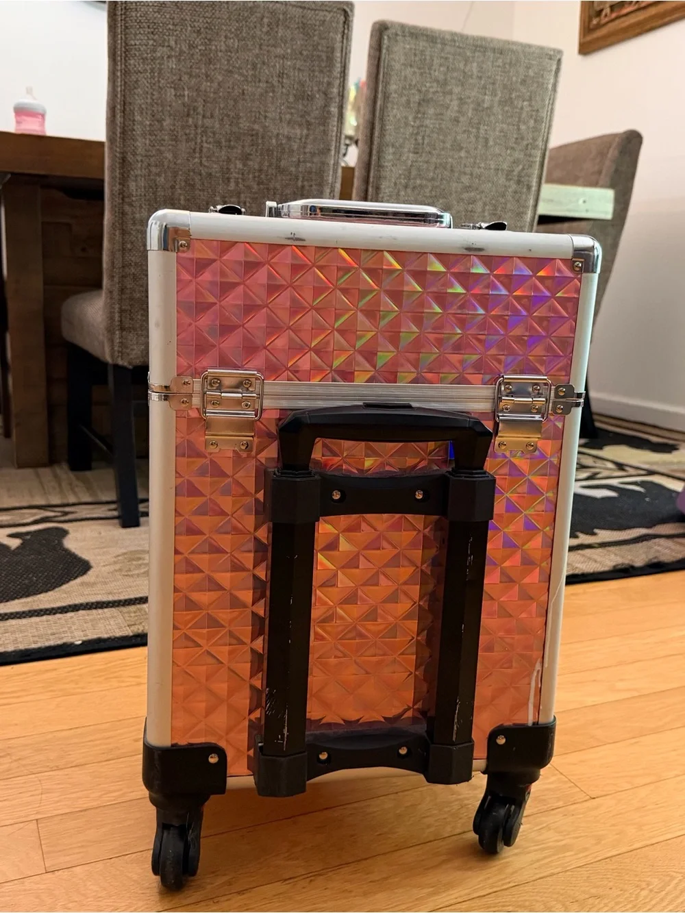 Portable Pink Holographic Makeup Case with Wheels